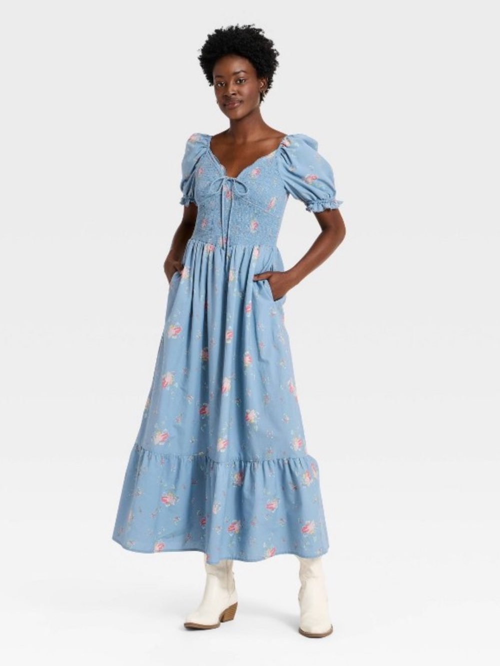 Universal Thread Blue Floral Tie-Front Puff Sleeve Maxi Dress